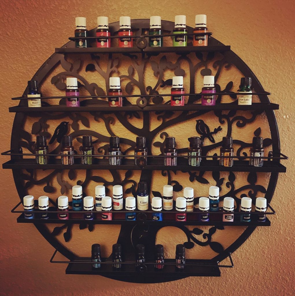 Wall of essential oils at Serendipity Wellness Spa